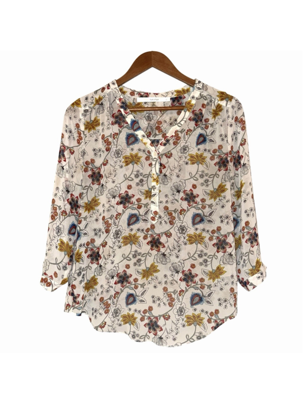 Fun 2 Fun Floral Paisley Blouse Womens Small White Yellow Boho 3/4 Sleeve Top